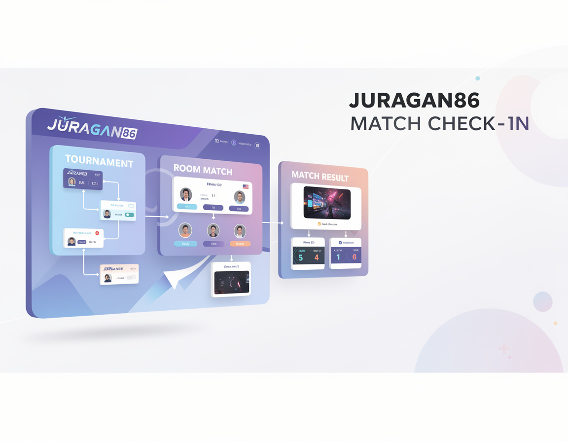 Ilustrasi alur check in match JURAGAN86 dengan bracket, room match, dan bukti skor
